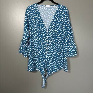 Kancystore Womens Blue Abstract Polka Dot Tie Front Top - Size Large - Boho Chic